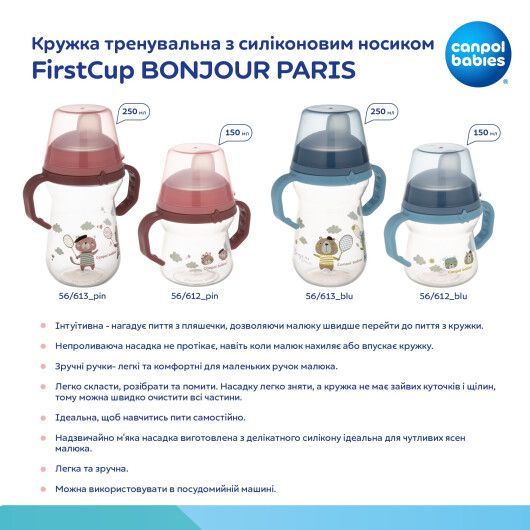 Canpol babies Кружка тренувальна з силіконовим носиком FirstCup 150 мл BONJOUR PARIS - блакитна