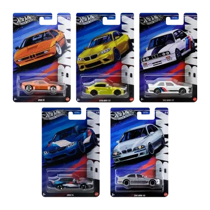 Набір Тематична Машинка Hot Wheels 2001 BMW M5 BMW 1:64 JBY58 Silver + Тематична Машинка 1992 M3 White + Тематична Машинка M4 Blue + Тематична Машинка 2016 M2 Yellow + Тематична Машинка M1 Orange